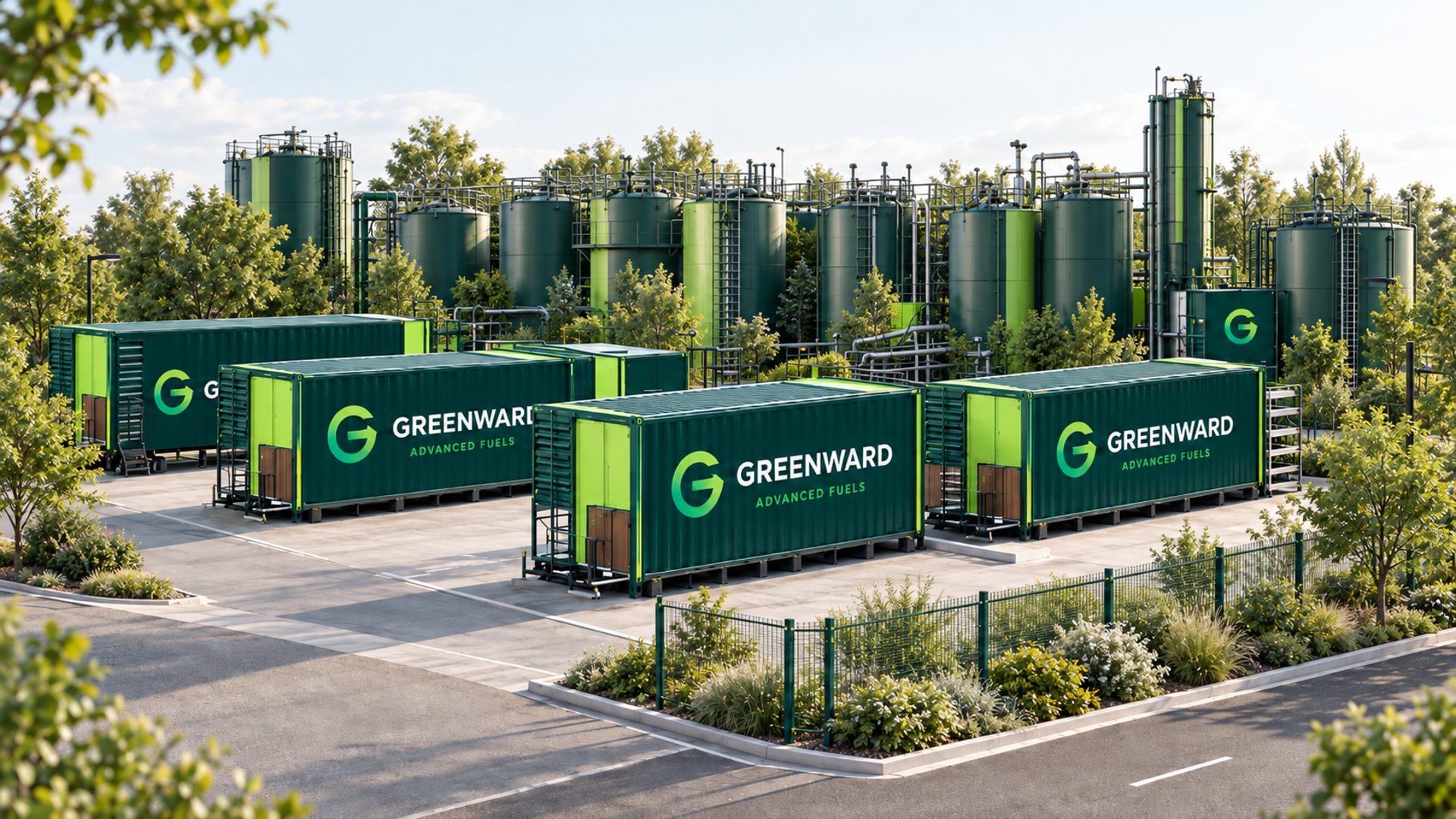 Greenward containerised plant with fermentation towers