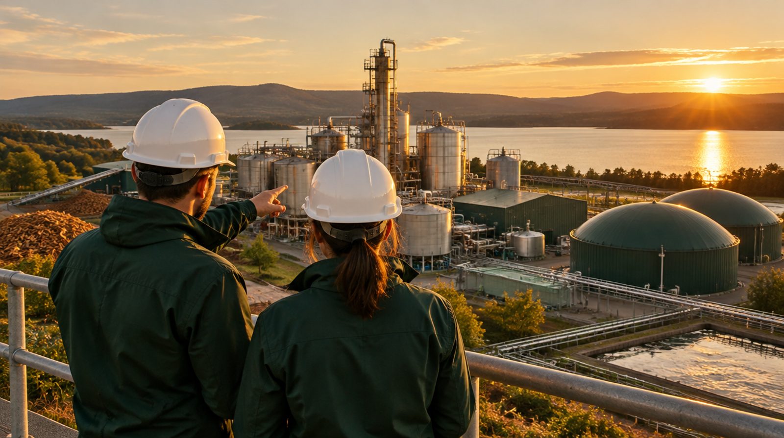 Two Greenward engineers overlooking a plant at sunset