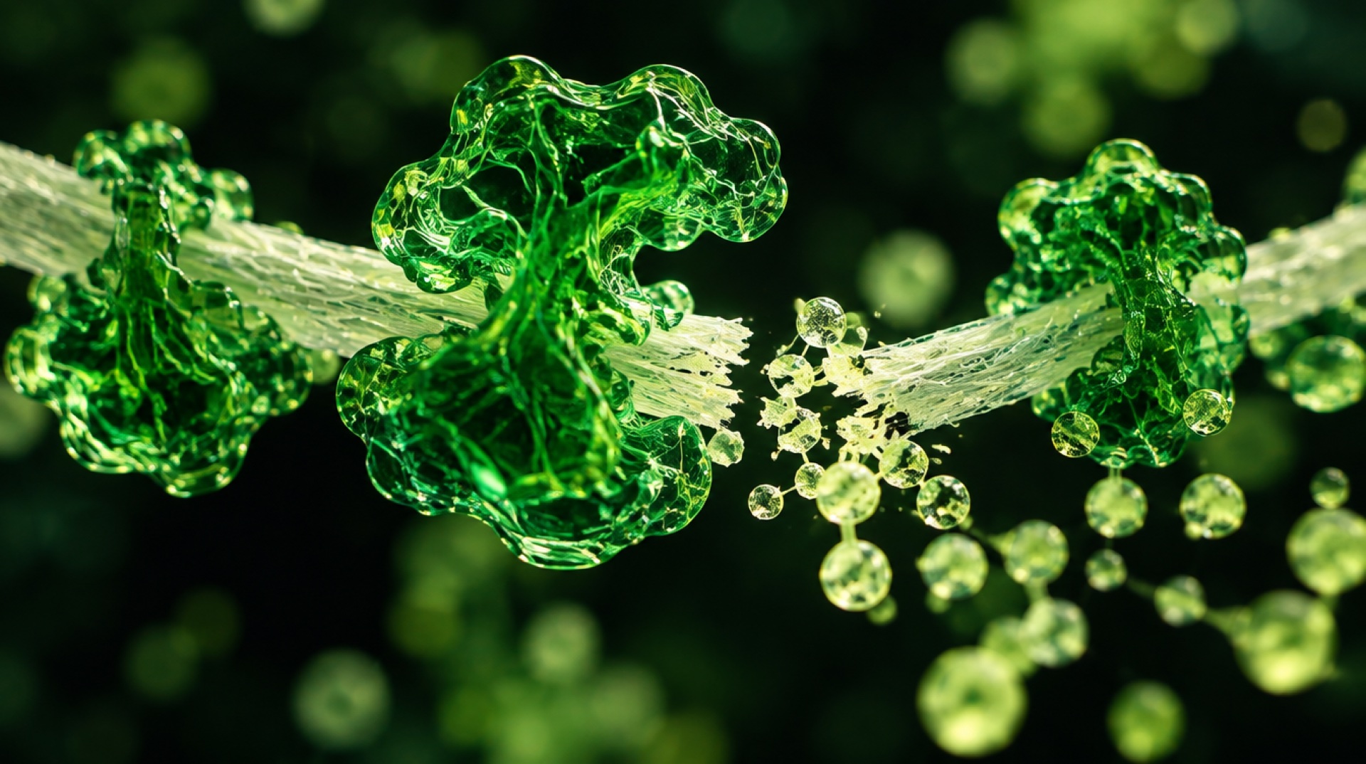 Enzymes binding to a cellulose fibre, rendered in green glass