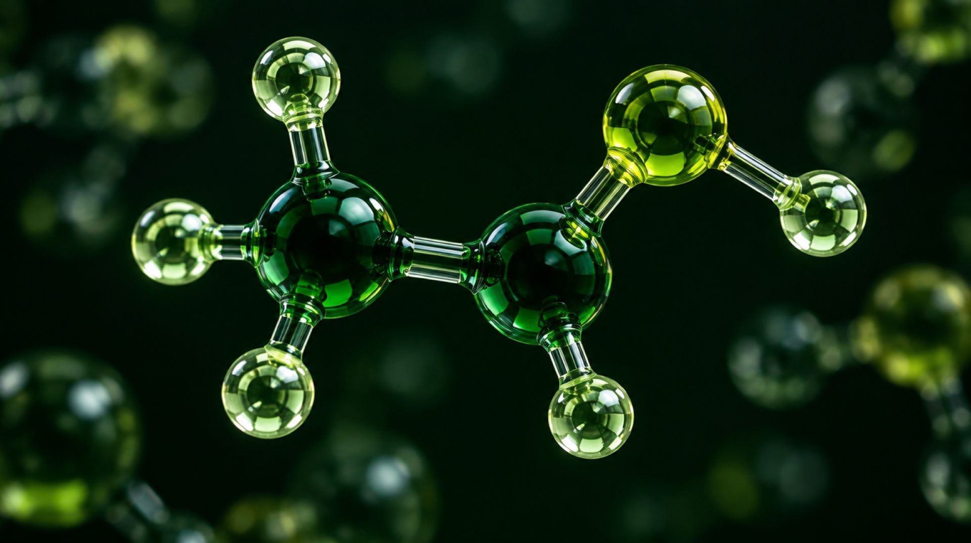Glass model of an ethanol molecule in racing green